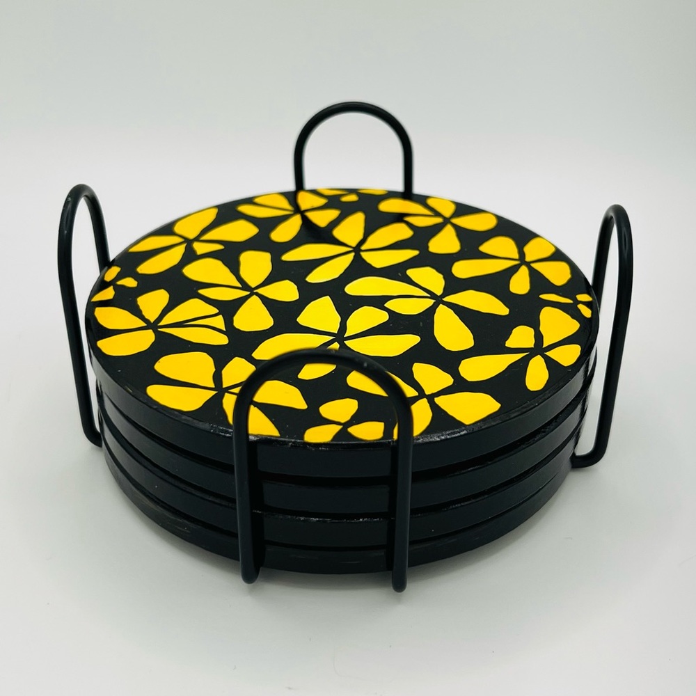Hand-Painted Black and Yellow Gradient Floral Coaster - Set of 4